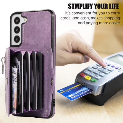 For Samsung Galaxy S21 FE 5G Smartphone Case Kickstand PU Leather+TPU Shell with RFID Blocking Card Bag