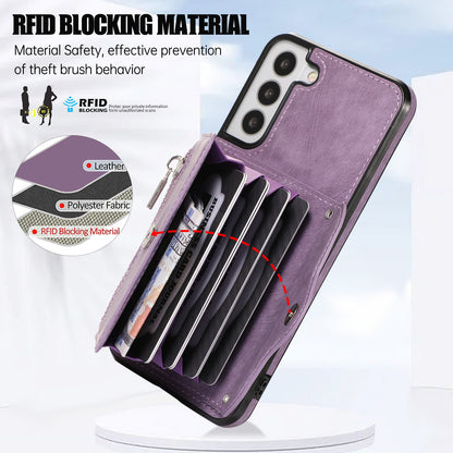 For Samsung Galaxy S21 FE 5G Smartphone Case Kickstand PU Leather+TPU Shell with RFID Blocking Card Bag