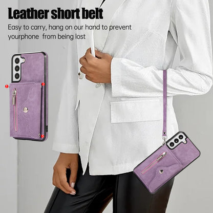 For Samsung Galaxy S21 FE 5G Smartphone Case Kickstand PU Leather+TPU Shell with RFID Blocking Card Bag