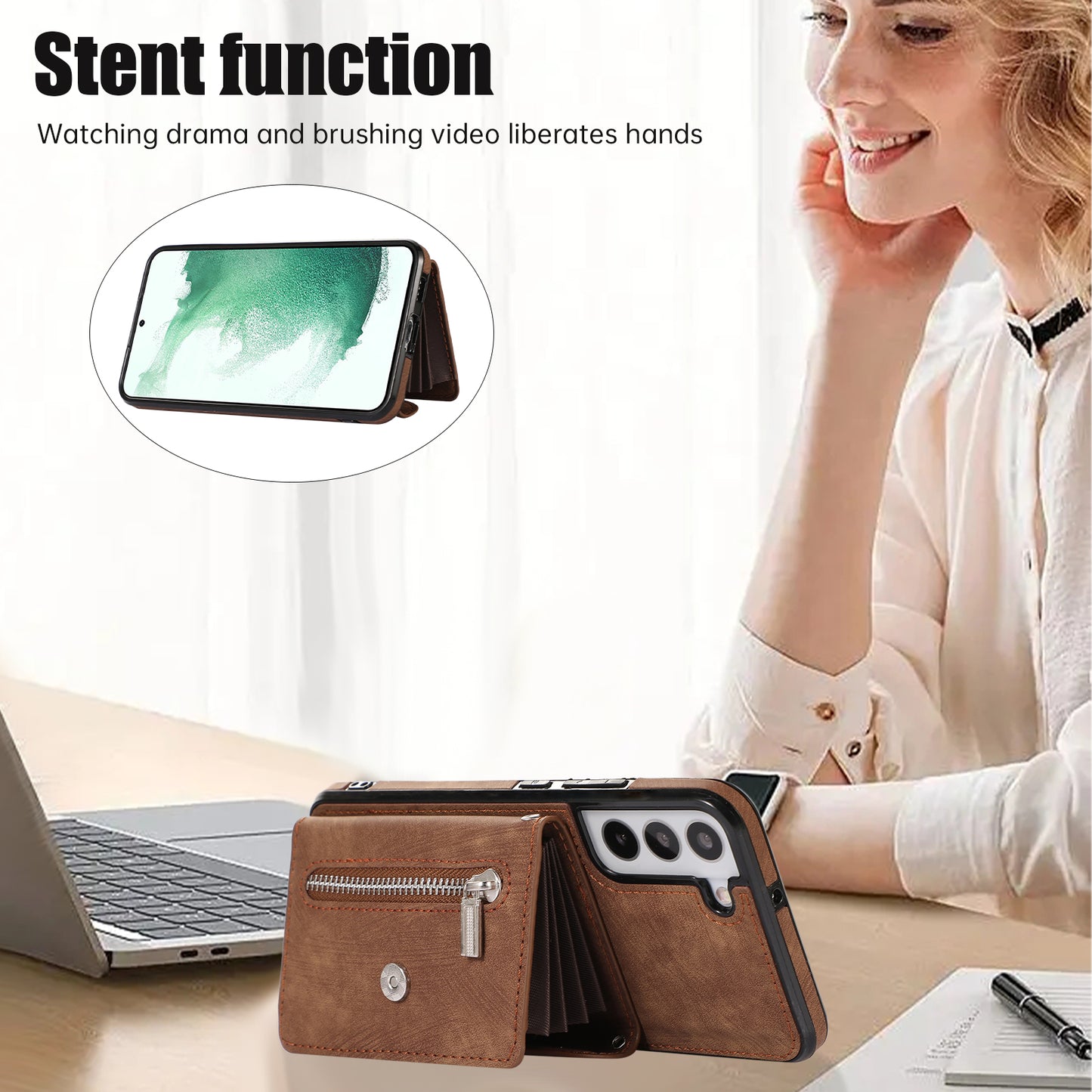 For Samsung Galaxy S21 FE 5G Smartphone Case Kickstand PU Leather+TPU Shell with RFID Blocking Card Bag