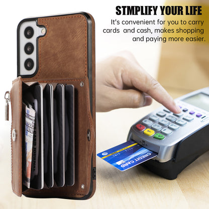 For Samsung Galaxy S21 FE 5G Smartphone Case Kickstand PU Leather+TPU Shell with RFID Blocking Card Bag