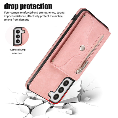 For Samsung Galaxy S21 FE 5G Smartphone Case Kickstand PU Leather+TPU Shell with RFID Blocking Card Bag