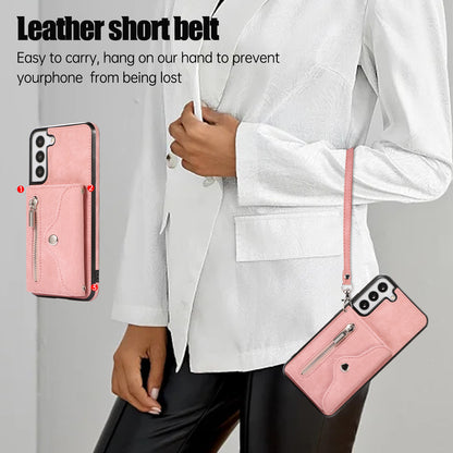 For Samsung Galaxy S21 FE 5G Smartphone Case Kickstand PU Leather+TPU Shell with RFID Blocking Card Bag