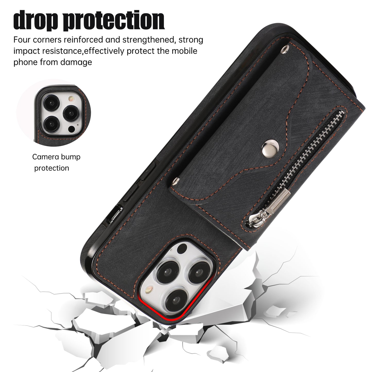 For iPhone 12 Pro Max 6.7 inch PU Leather+TPU Phone Case RFID Blocking Card Bag Kickstand Cover with 2 Straps