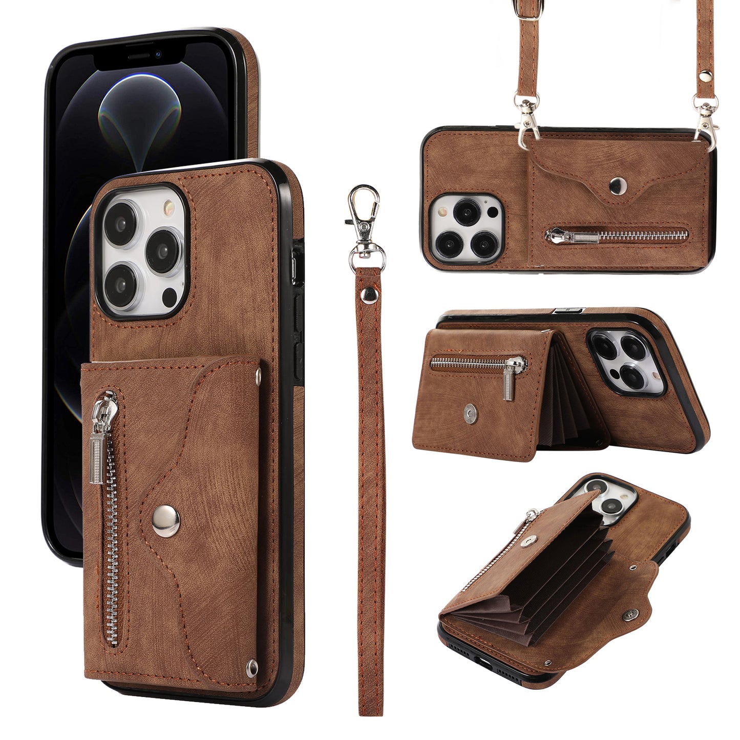 For iPhone 12 Pro Max 6.7 inch PU Leather+TPU Phone Case RFID Blocking Card Bag Kickstand Cover with 2 Straps