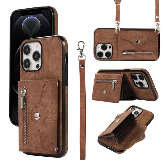 For iPhone 12 Pro Max 6.7 inch PU Leather+TPU Phone Case RFID Blocking Card Bag Kickstand Cover with 2 Straps