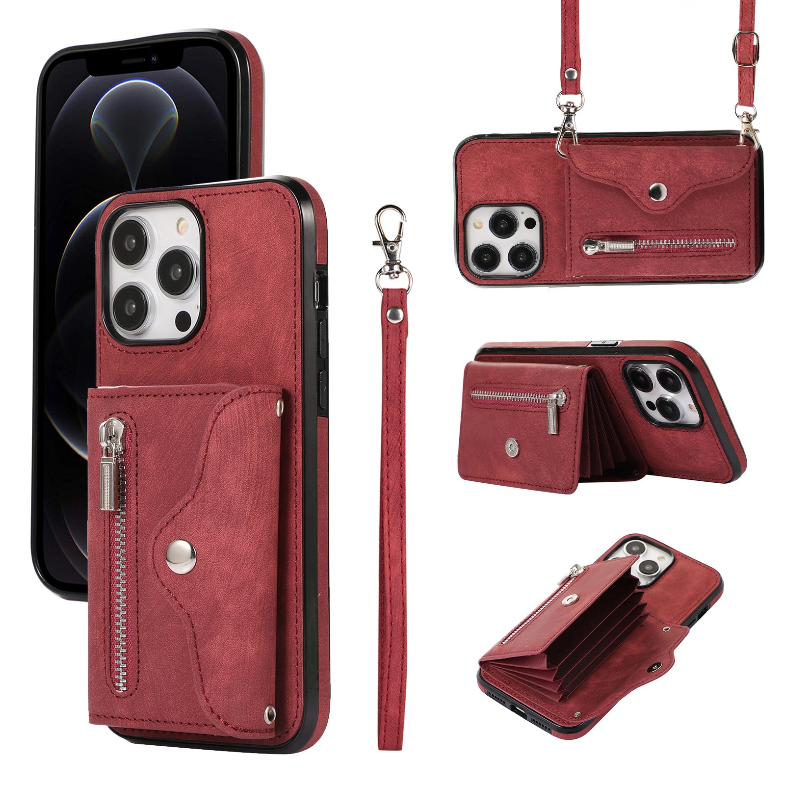 For iPhone 12 Pro Max 6.7 inch PU Leather+TPU Phone Case RFID Blocking Card Bag Kickstand Cover with 2 Straps