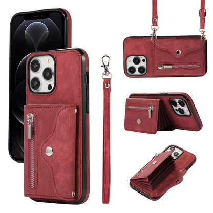 For iPhone 12 Pro Max 6.7 inch PU Leather+TPU Phone Case RFID Blocking Card Bag Kickstand Cover with 2 Straps