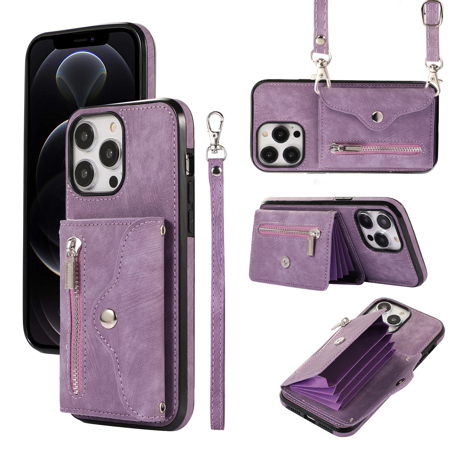 For iPhone 12 Pro Max 6.7 inch PU Leather+TPU Phone Case RFID Blocking Card Bag Kickstand Cover with 2 Straps