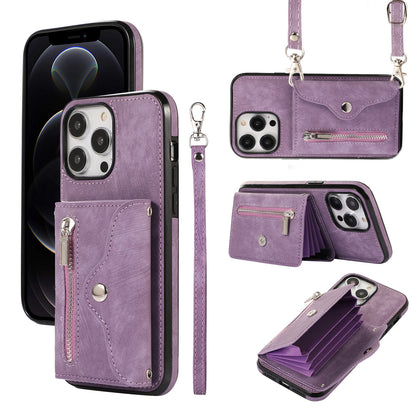 For iPhone 12 Pro Max 6.7 inch PU Leather+TPU Phone Case RFID Blocking Card Bag Kickstand Cover with 2 Straps