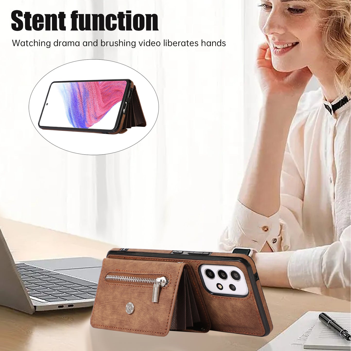 For Samsung Galaxy A53 5G Anti-Fingerprint Cover Kickstand PU Leather+TPU Cell Phone Case with RFID Blocking Card Bag