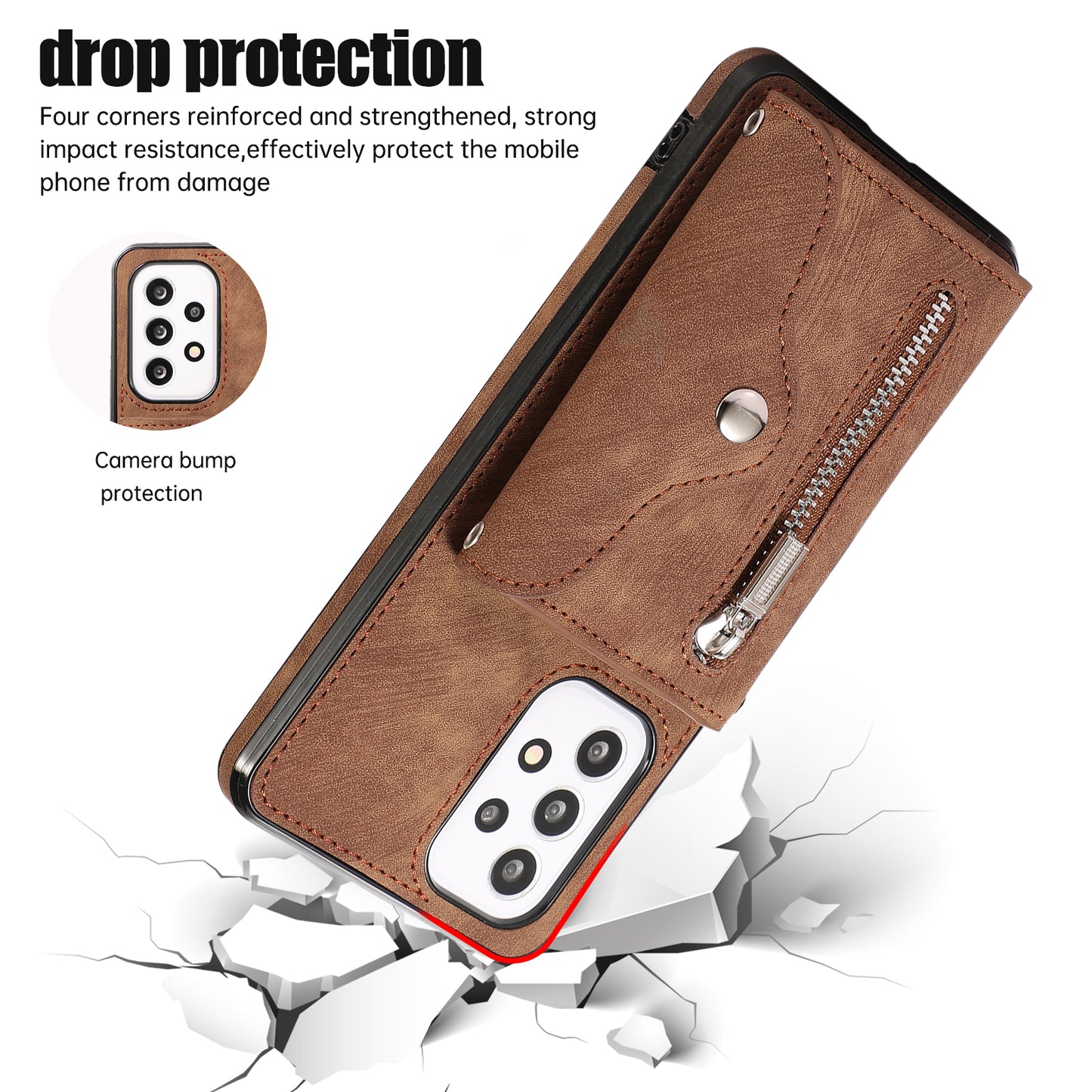 For Samsung Galaxy A53 5G Anti-Fingerprint Cover Kickstand PU Leather+TPU Cell Phone Case with RFID Blocking Card Bag