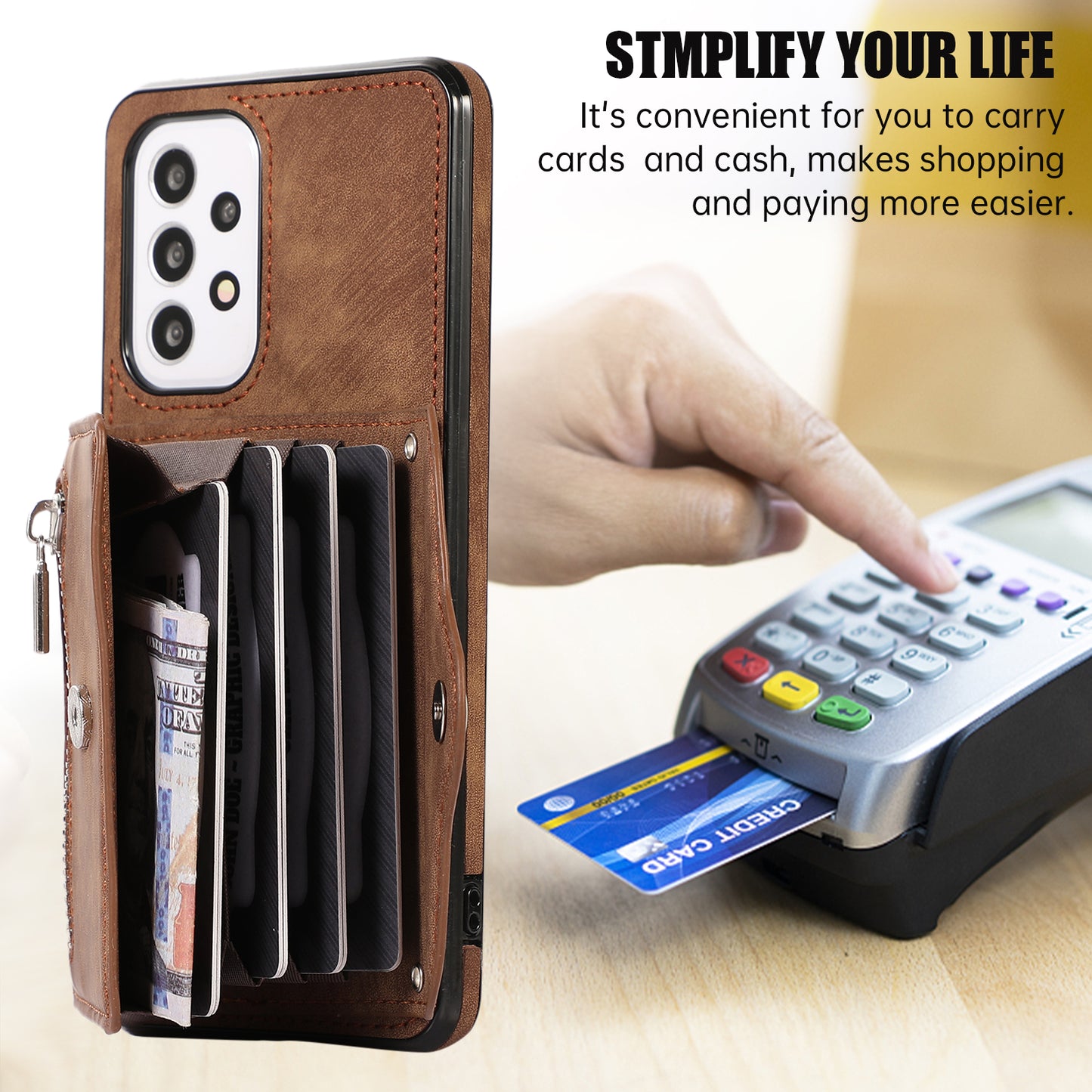 For Samsung Galaxy A53 5G Anti-Fingerprint Cover Kickstand PU Leather+TPU Cell Phone Case with RFID Blocking Card Bag