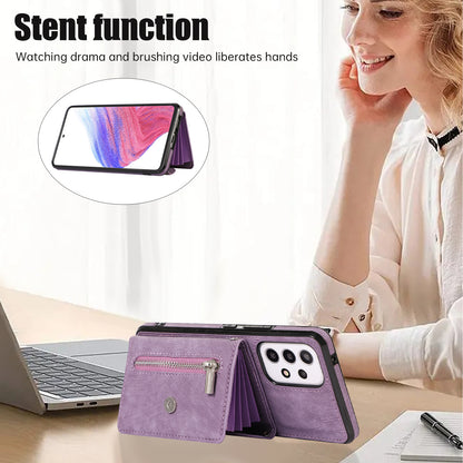 For Samsung Galaxy A53 5G Anti-Fingerprint Cover Kickstand PU Leather+TPU Cell Phone Case with RFID Blocking Card Bag