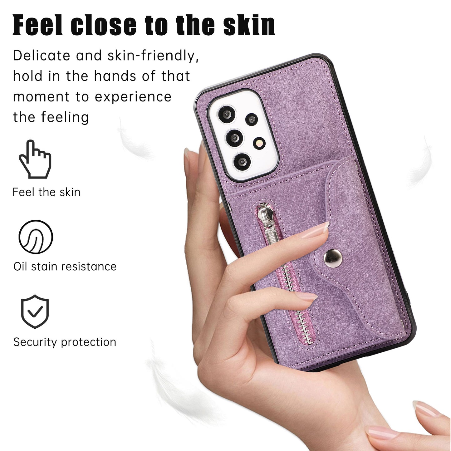 For Samsung Galaxy A53 5G Anti-Fingerprint Cover Kickstand PU Leather+TPU Cell Phone Case with RFID Blocking Card Bag