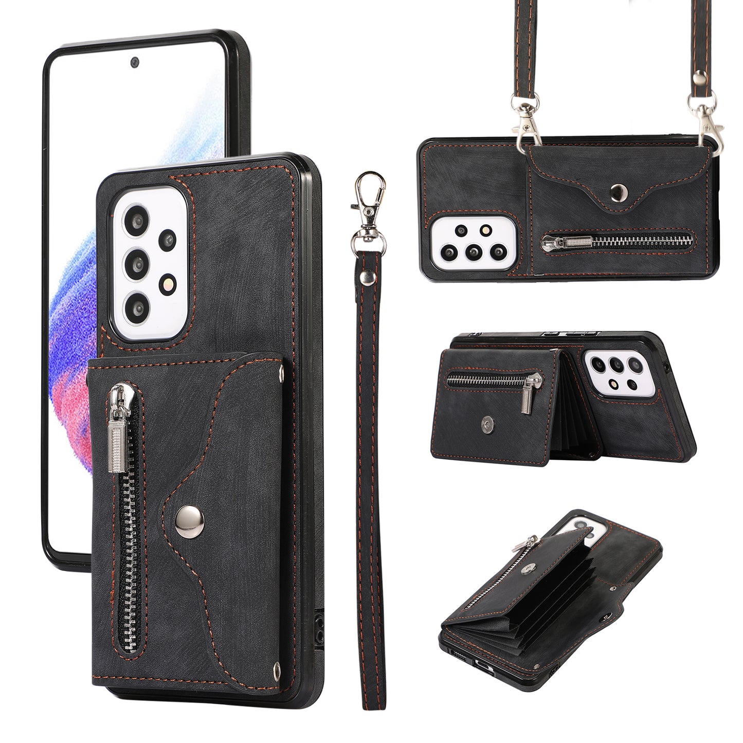 For Samsung Galaxy A53 5G Anti-Fingerprint Cover Kickstand PU Leather+TPU Cell Phone Case with RFID Blocking Card Bag