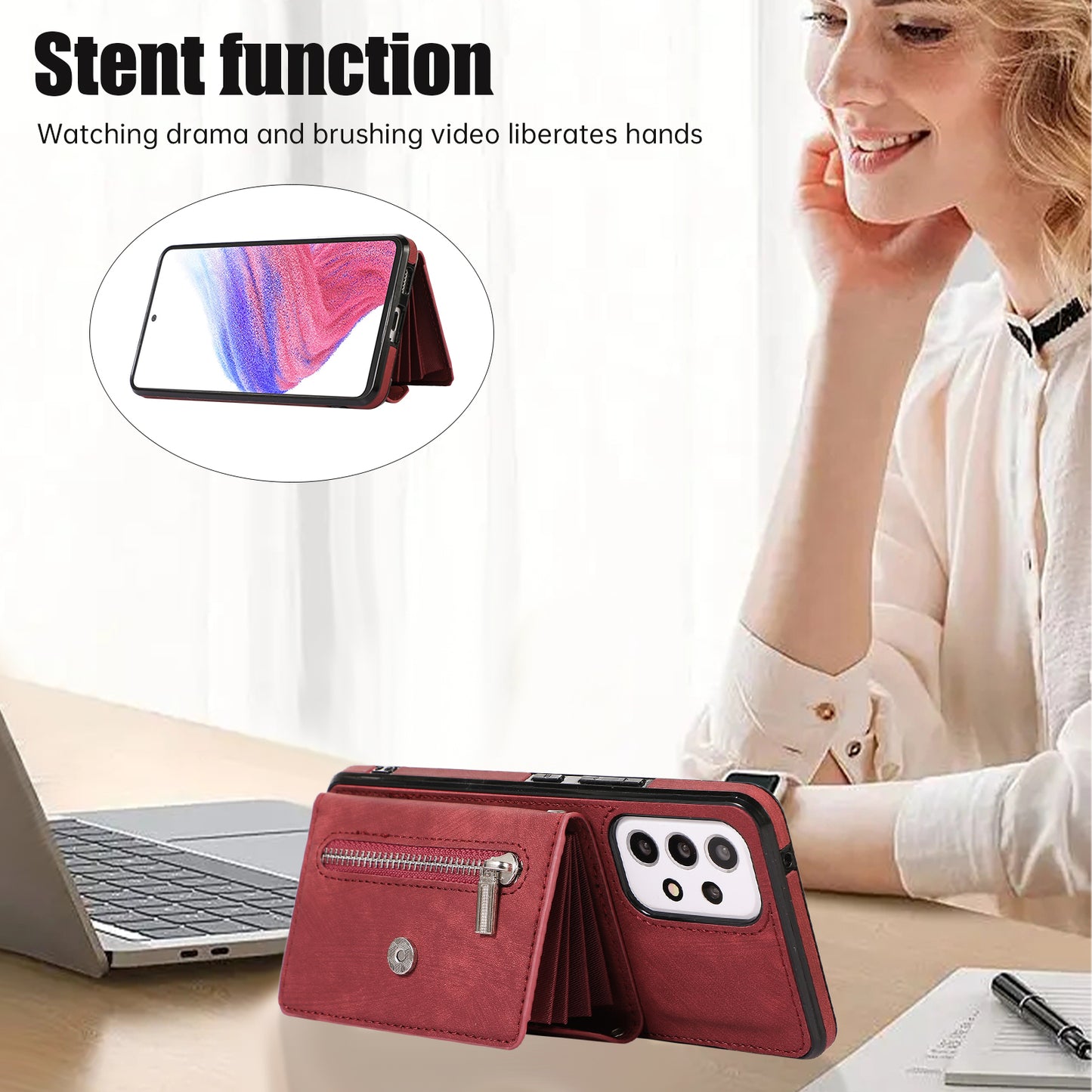 For Samsung Galaxy A53 5G Anti-Fingerprint Cover Kickstand PU Leather+TPU Cell Phone Case with RFID Blocking Card Bag