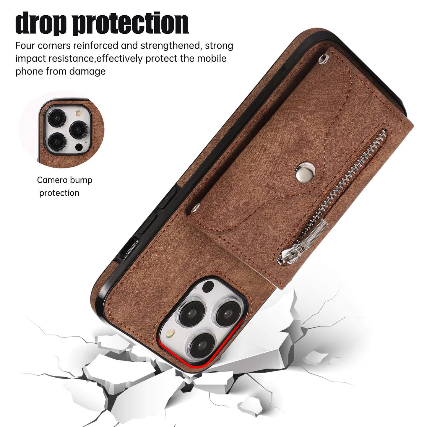 For iPhone 14 Pro PU Leather+TPU Scratch Proof Phone Case Kickstand Cover with RFID Blocking Card Bag