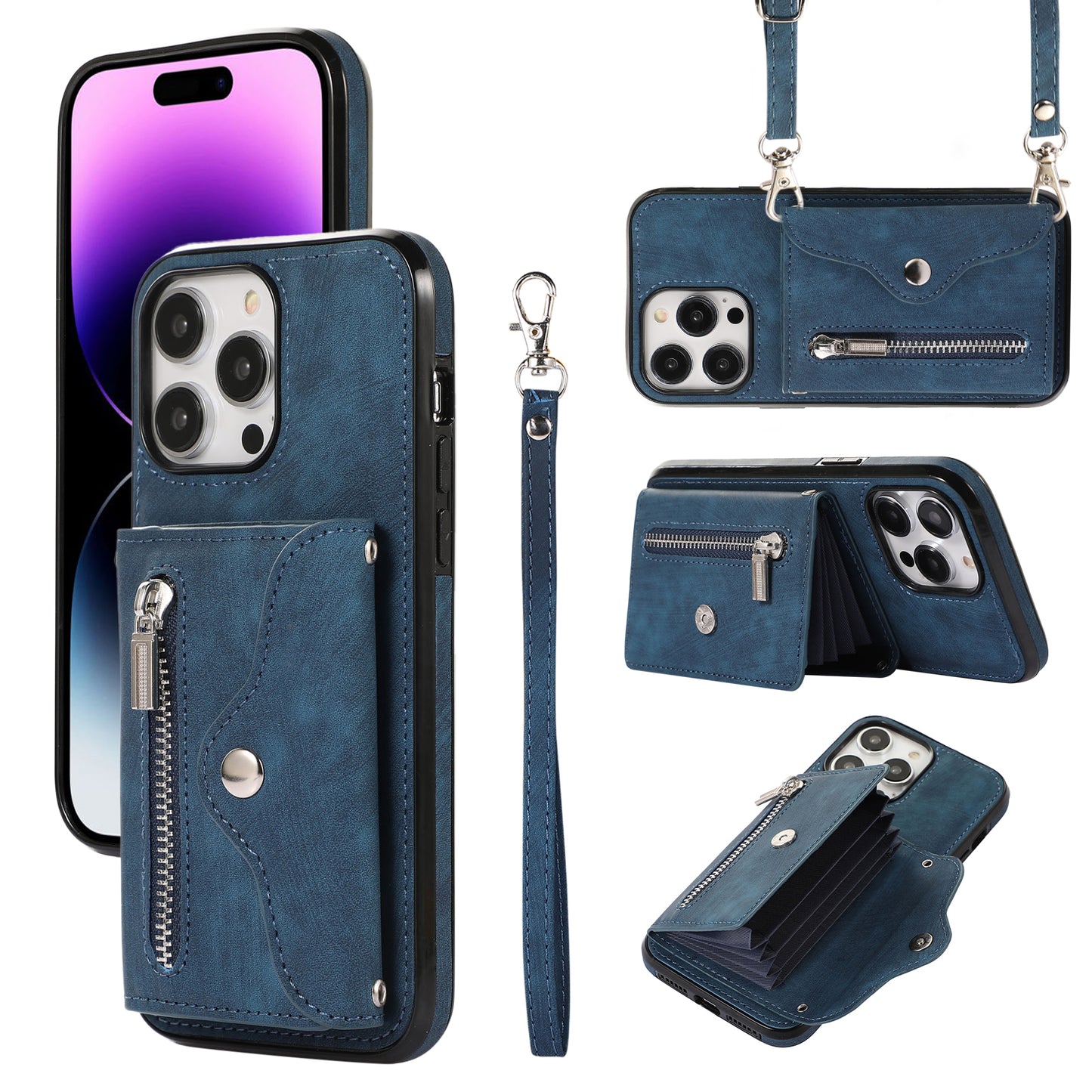 For iPhone 14 Pro PU Leather+TPU Scratch Proof Phone Case Kickstand Cover with RFID Blocking Card Bag