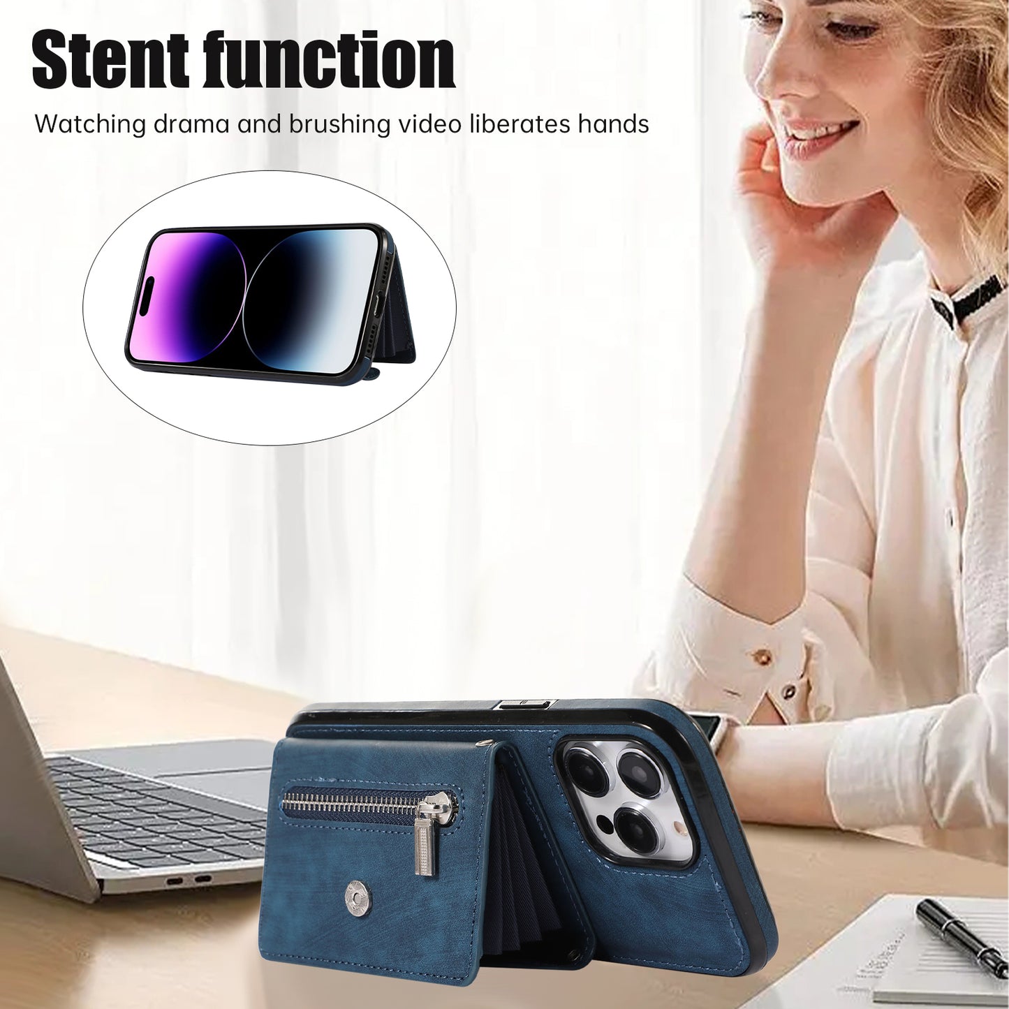 For iPhone 14 Pro PU Leather+TPU Scratch Proof Phone Case Kickstand Cover with RFID Blocking Card Bag