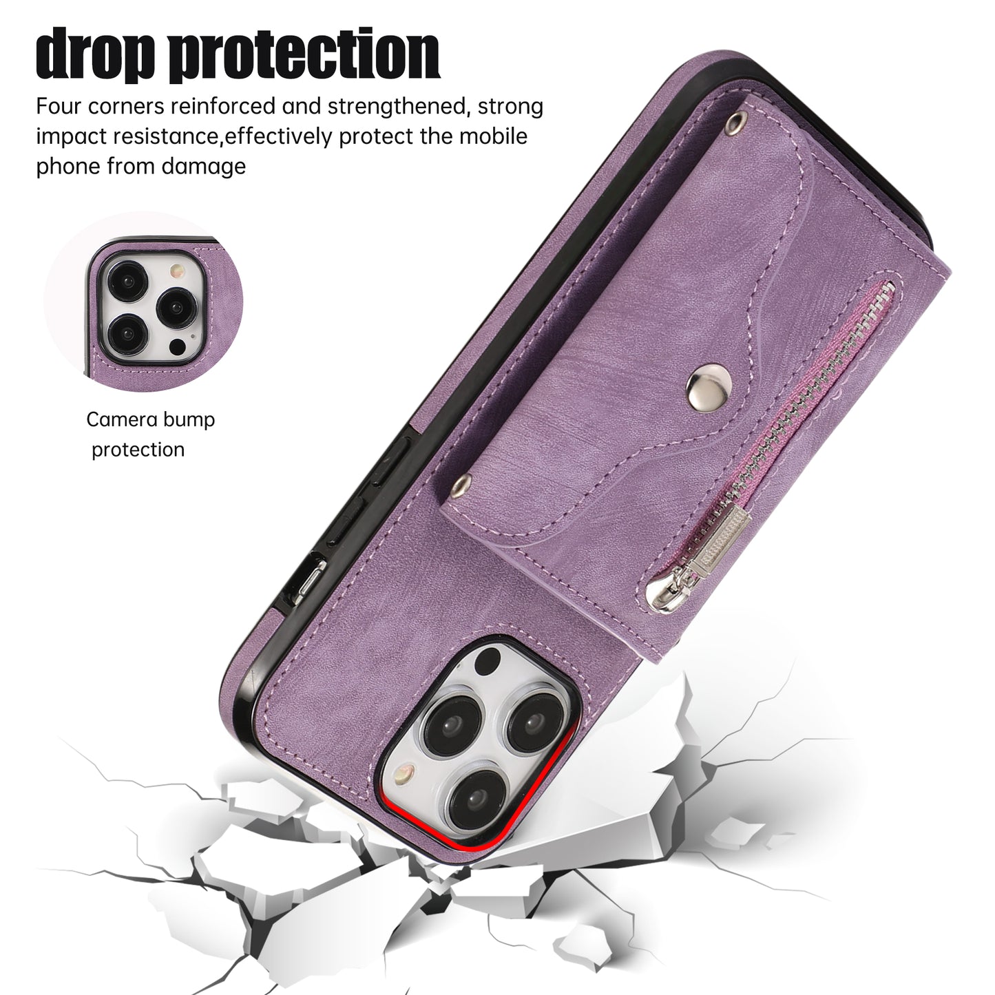 For iPhone 14 Pro PU Leather+TPU Scratch Proof Phone Case Kickstand Cover with RFID Blocking Card Bag