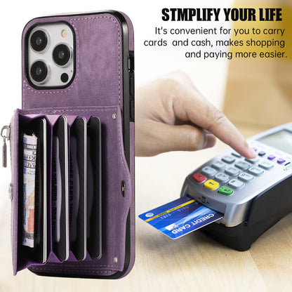 For iPhone 14 Pro PU Leather+TPU Scratch Proof Phone Case Kickstand Cover with RFID Blocking Card Bag