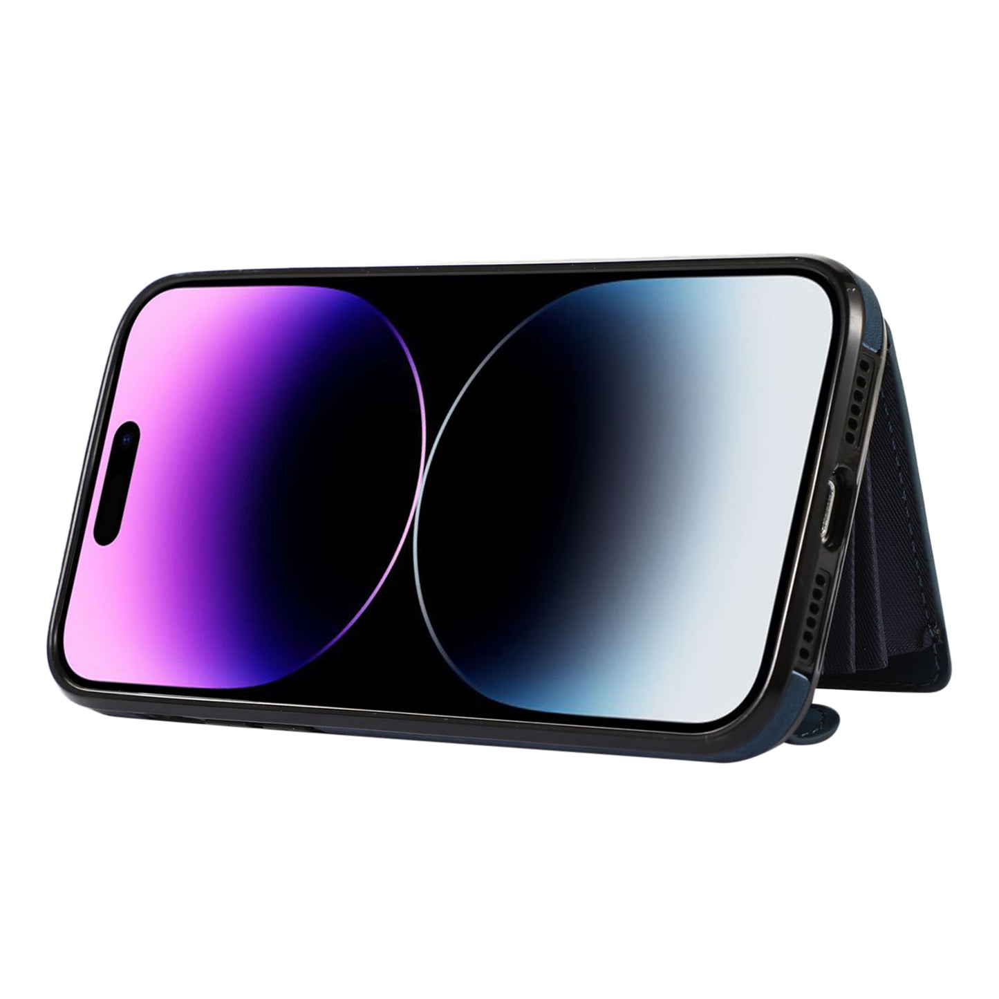 For iPhone 14 Pro Max PU Leather+TPU Phone Case Kickstand Back Cover with RFID Blocking Card Bag