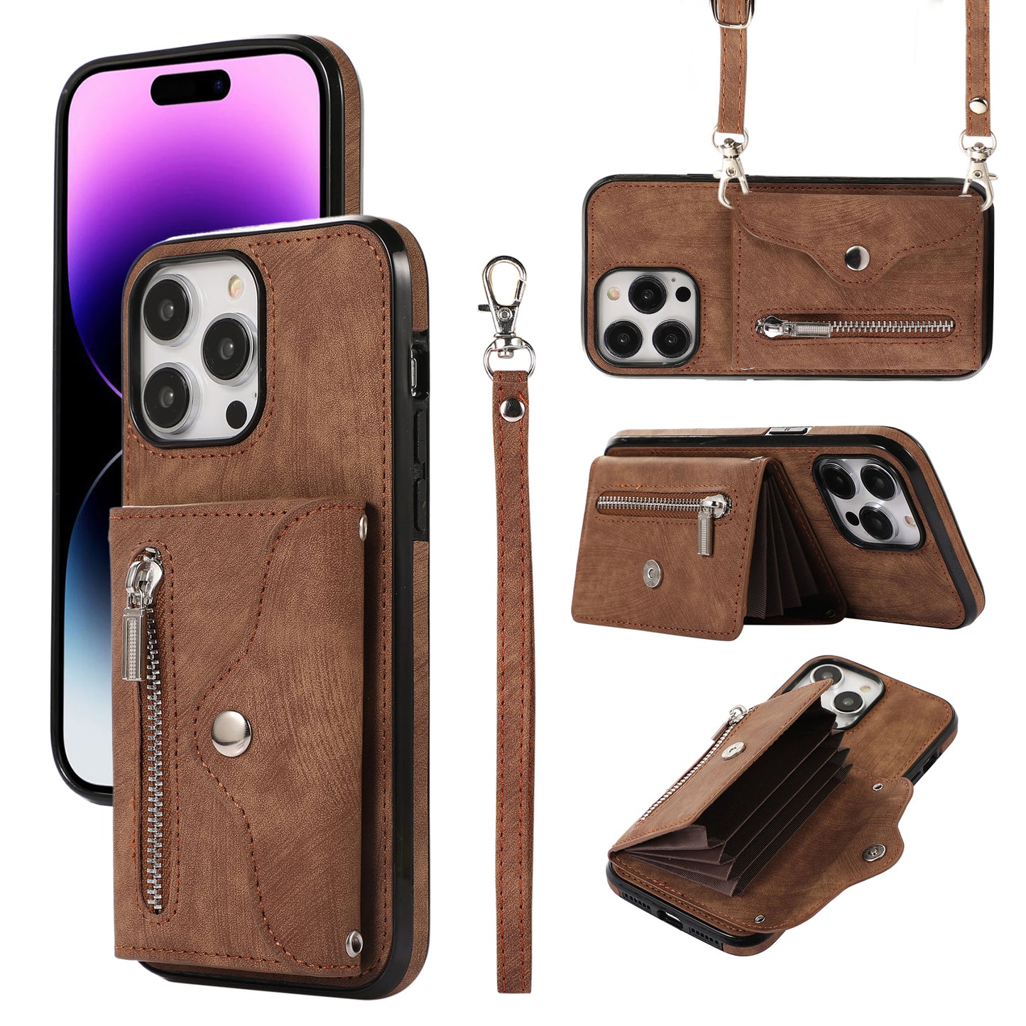 For iPhone 14 Pro Max PU Leather+TPU Phone Case Kickstand Back Cover with RFID Blocking Card Bag