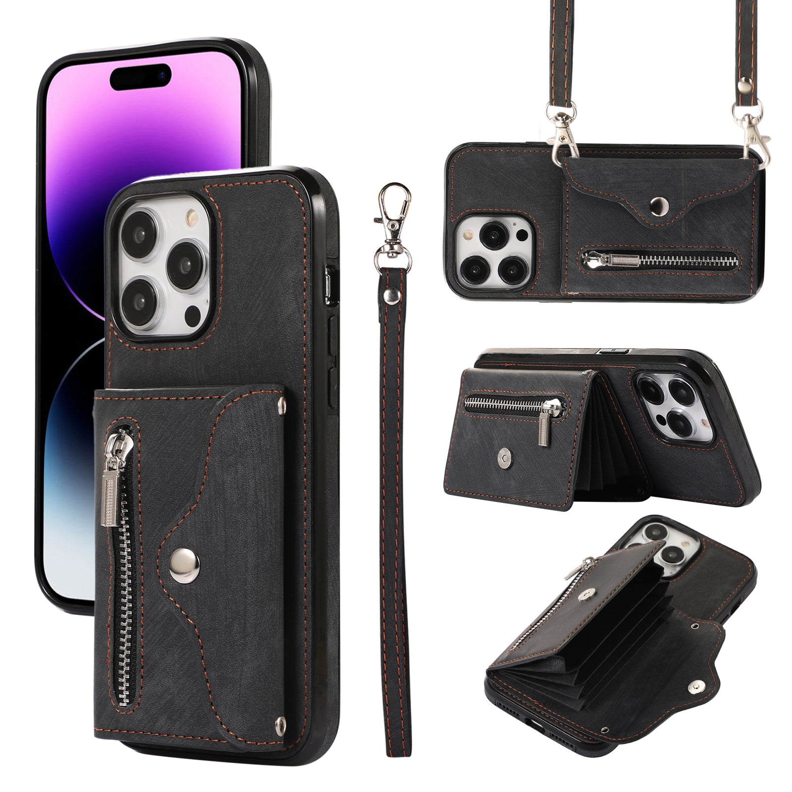 For iPhone 14 Pro Max PU Leather+TPU Phone Case Kickstand Back Cover with RFID Blocking Card Bag