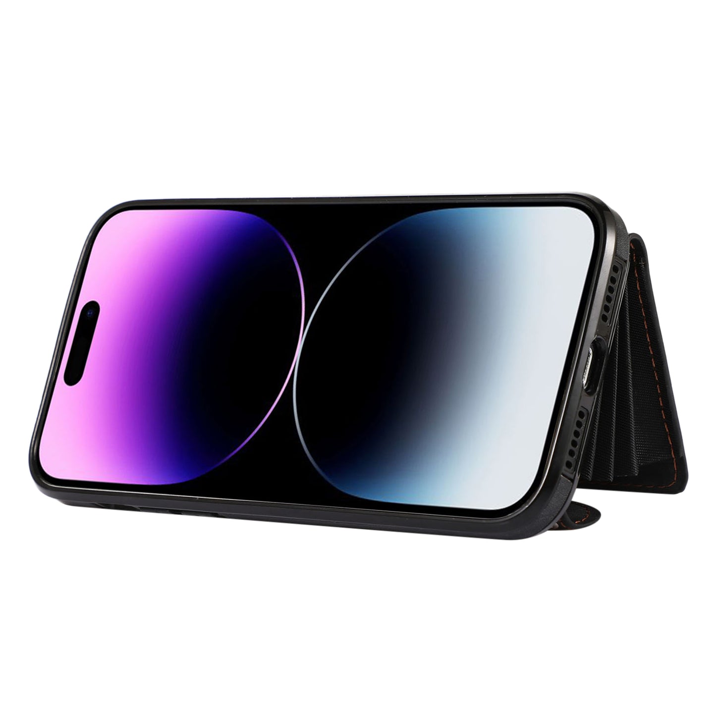 For iPhone 14 Pro Max PU Leather+TPU Phone Case Kickstand Back Cover with RFID Blocking Card Bag