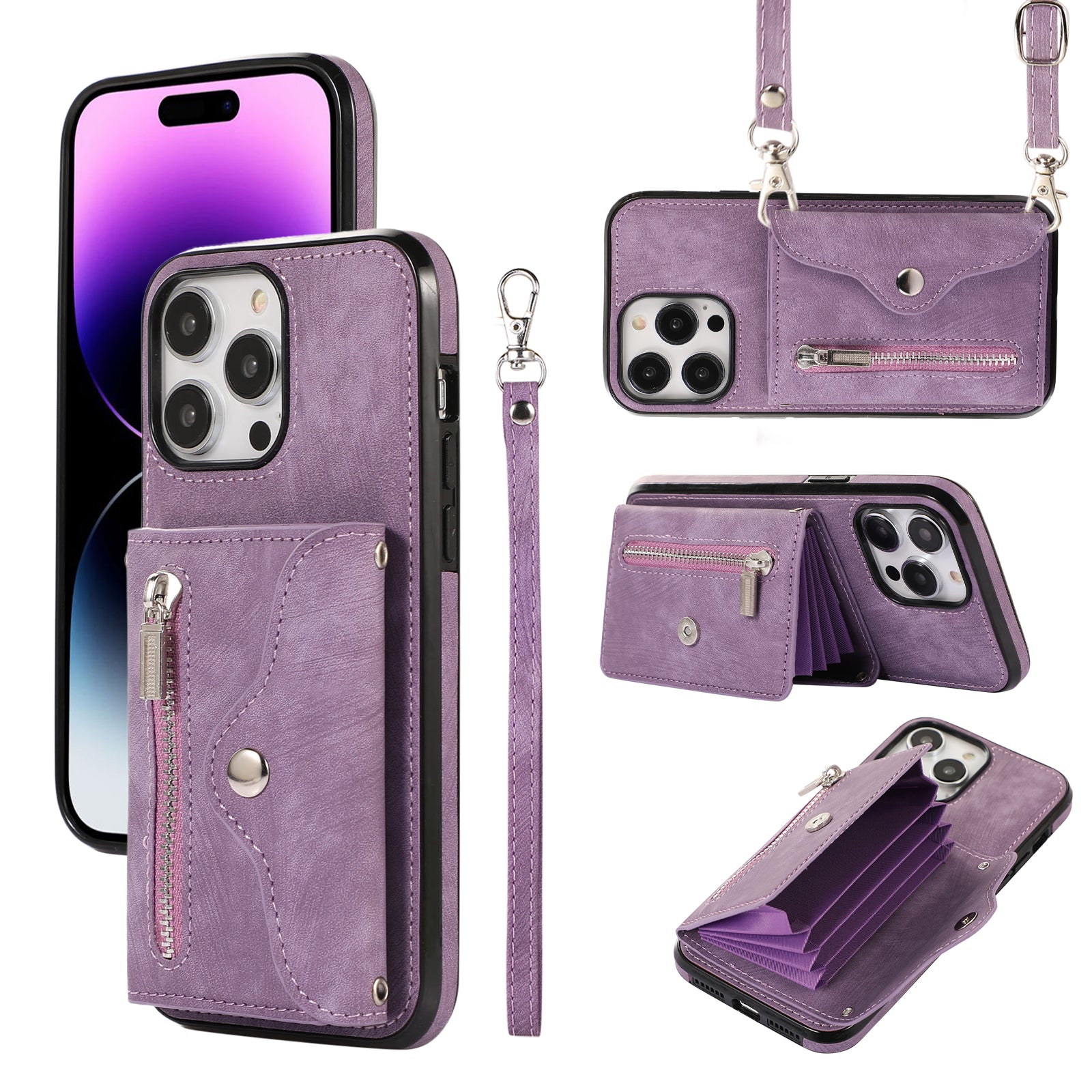 For iPhone 14 Pro Max PU Leather+TPU Phone Case Kickstand Back Cover with RFID Blocking Card Bag