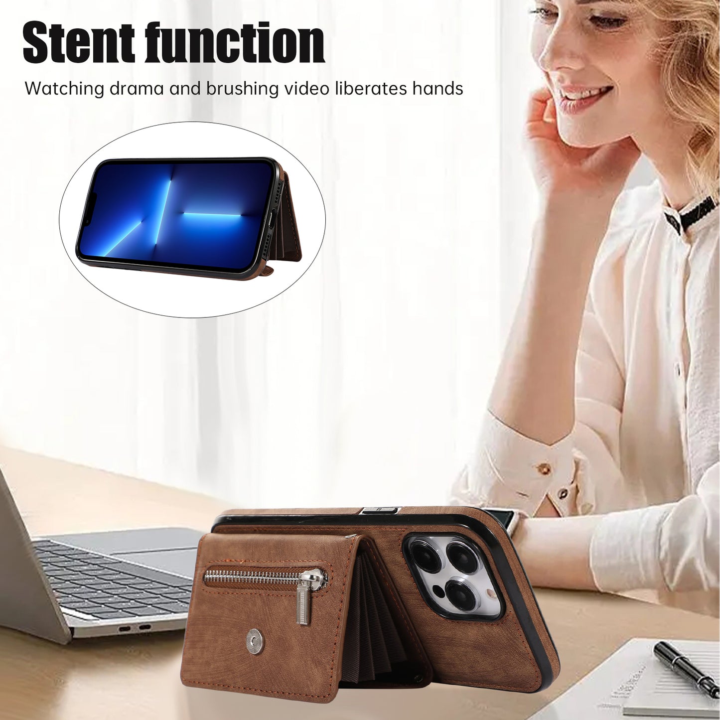 Mobile Phone Case for iPhone 13 Pro Max 6.7 inch PU Leather+TPU Kickstand RFID Blocking Card Bag Back Cover