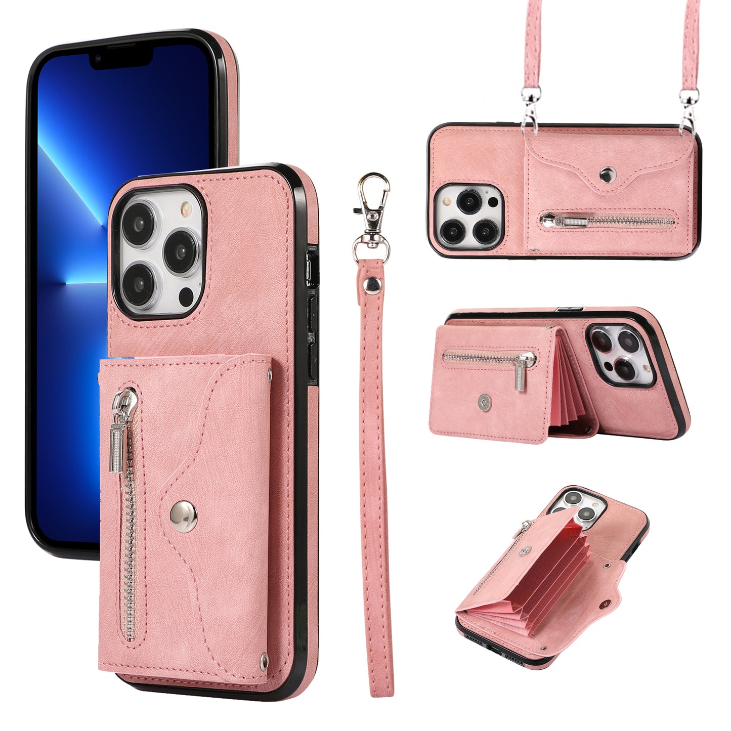 Mobile Phone Case for iPhone 13 Pro Max 6.7 inch PU Leather+TPU Kickstand RFID Blocking Card Bag Back Cover