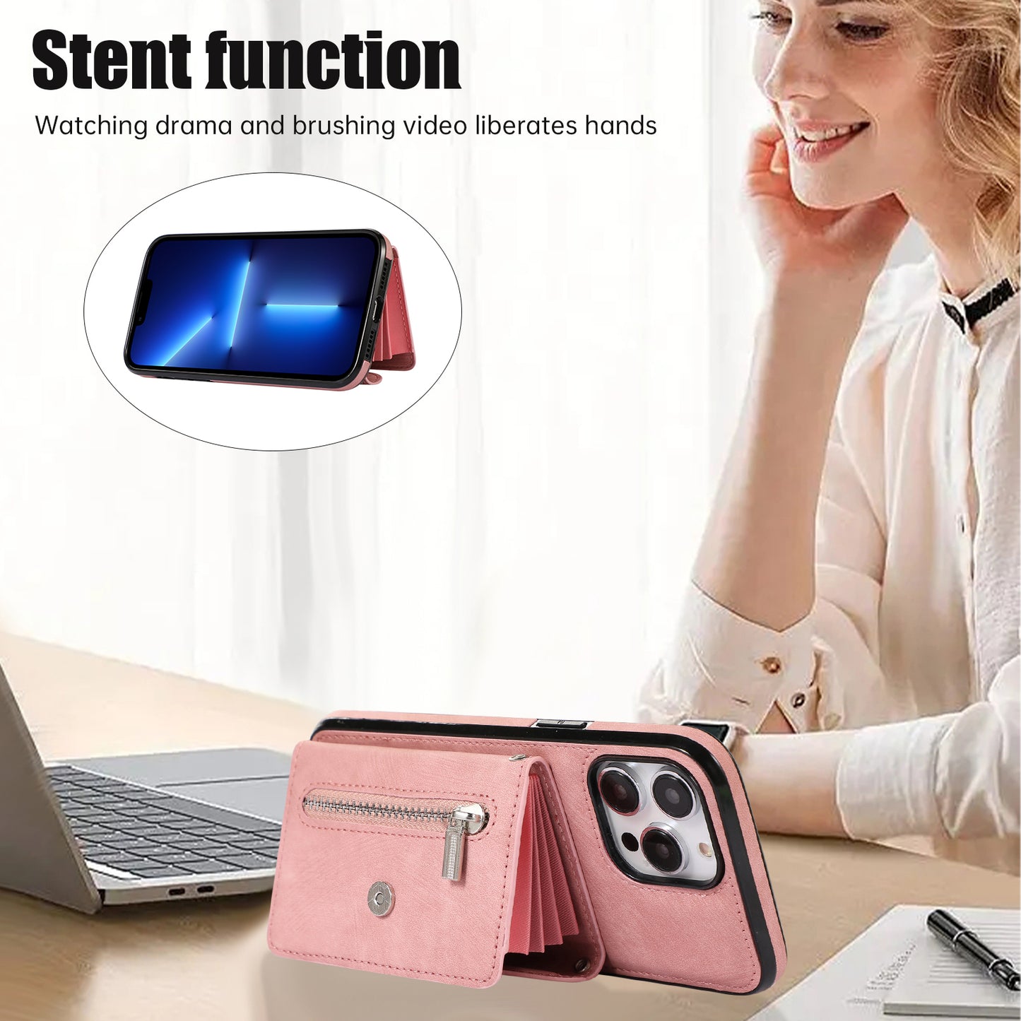 Mobile Phone Case for iPhone 13 Pro Max 6.7 inch PU Leather+TPU Kickstand RFID Blocking Card Bag Back Cover