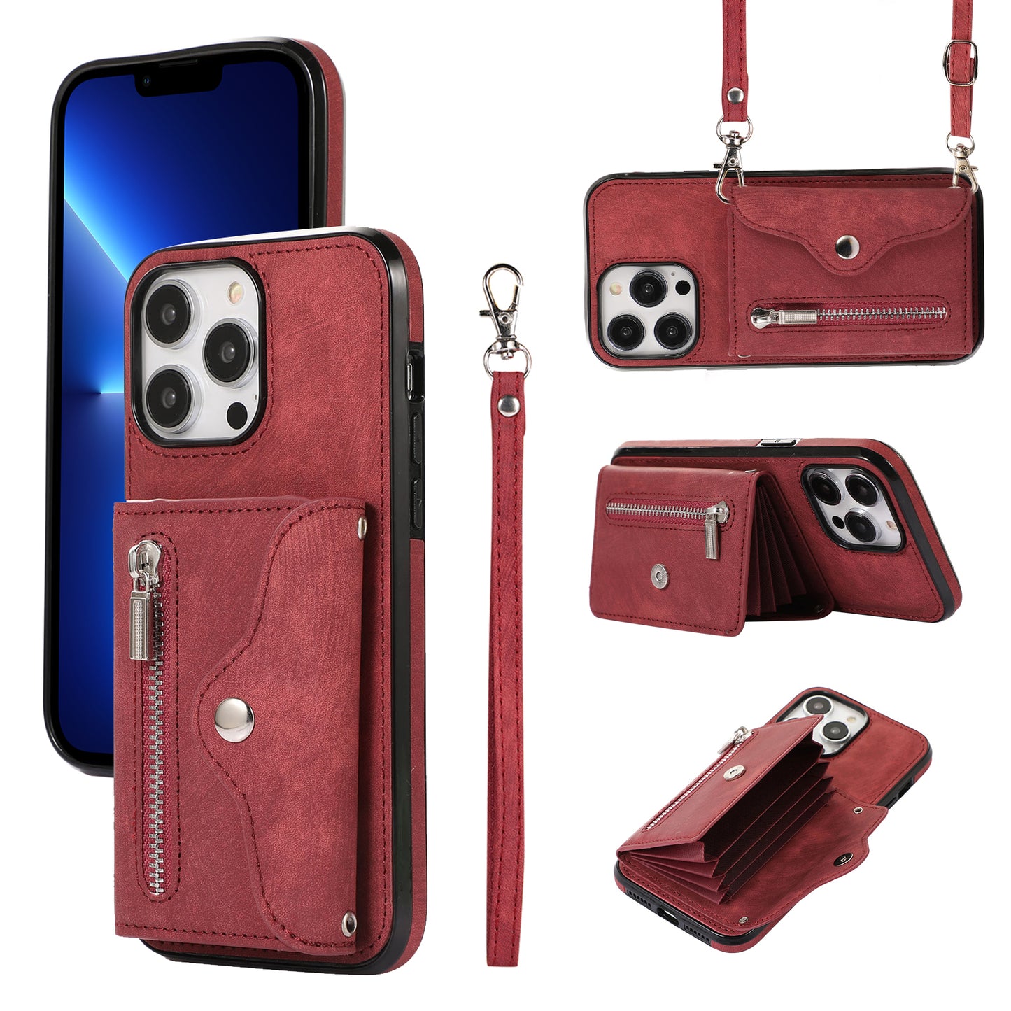 Mobile Phone Case for iPhone 13 Pro Max 6.7 inch PU Leather+TPU Kickstand RFID Blocking Card Bag Back Cover