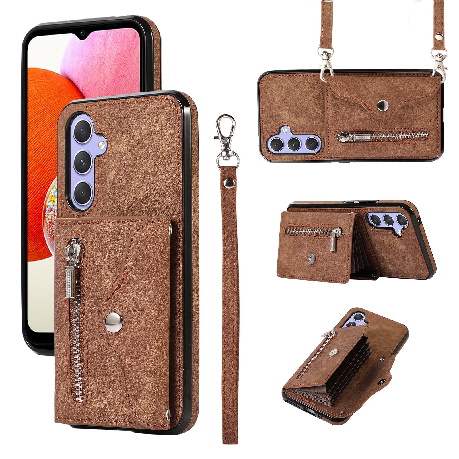 For Samsung Galaxy A14 4G / 5G Phone Carrying Pouch RFID Blocking Card Bag Kickstand PU Leather+TPU Case