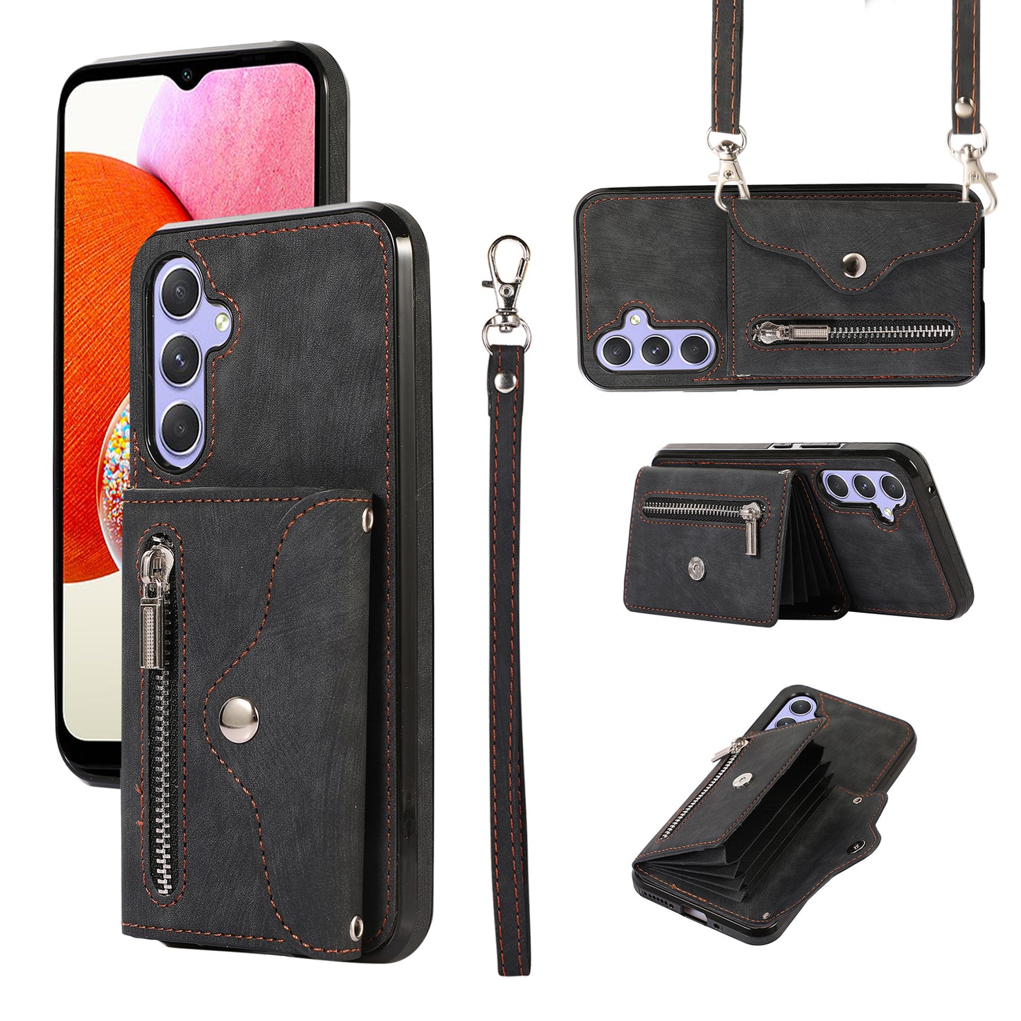 For Samsung Galaxy A14 4G / 5G Phone Carrying Pouch RFID Blocking Card Bag Kickstand PU Leather+TPU Case