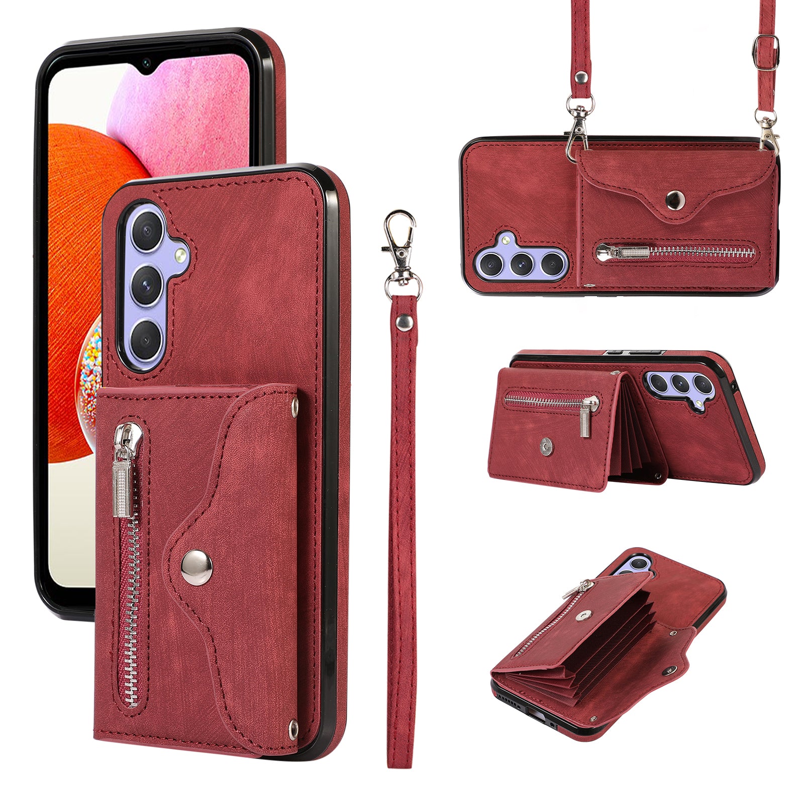 For Samsung Galaxy A14 4G / 5G Phone Carrying Pouch RFID Blocking Card Bag Kickstand PU Leather+TPU Case