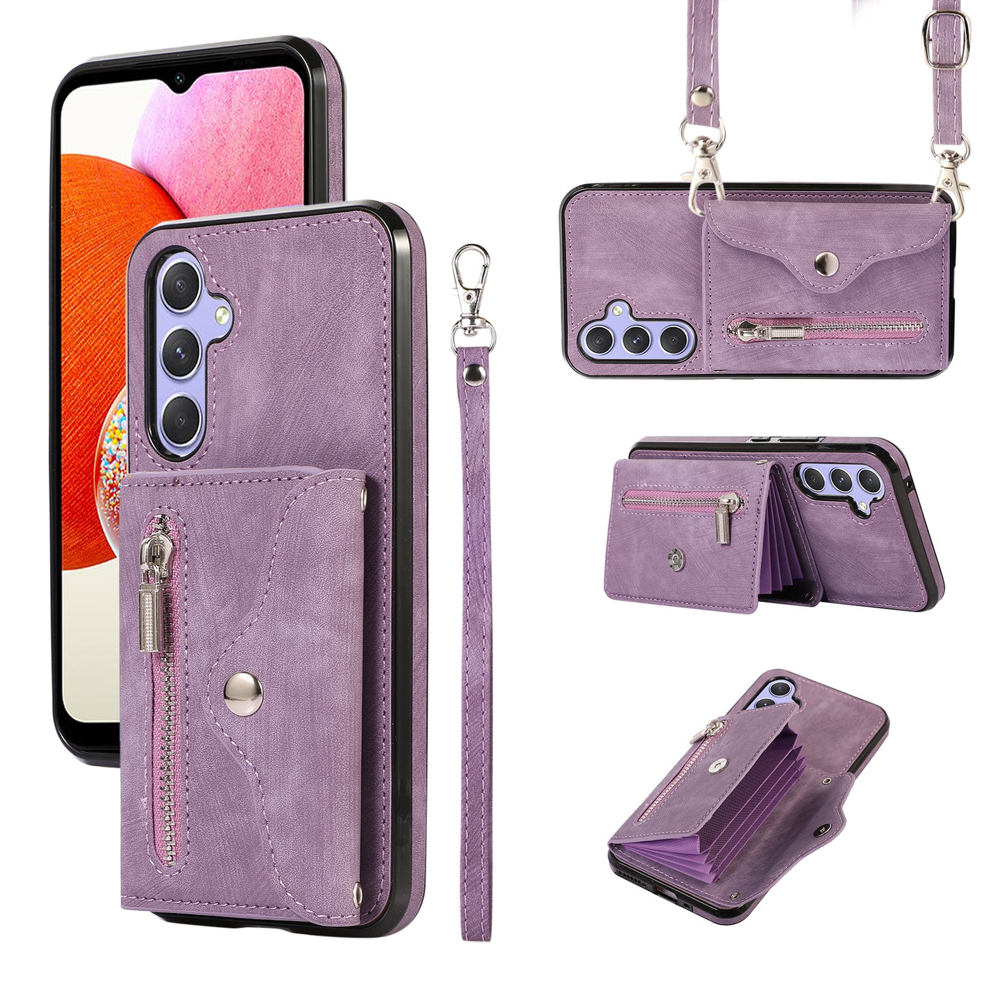For Samsung Galaxy A14 4G / 5G Phone Carrying Pouch RFID Blocking Card Bag Kickstand PU Leather+TPU Case