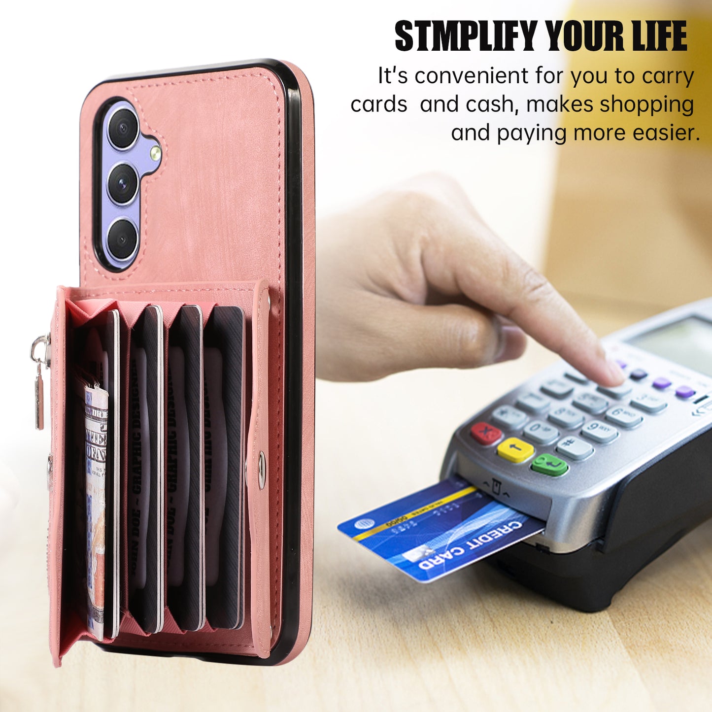 Smartphone Case for Samsung Galaxy A13 5G PU Leather+TPU Kickstand Shell with RFID Blocking Card Bag