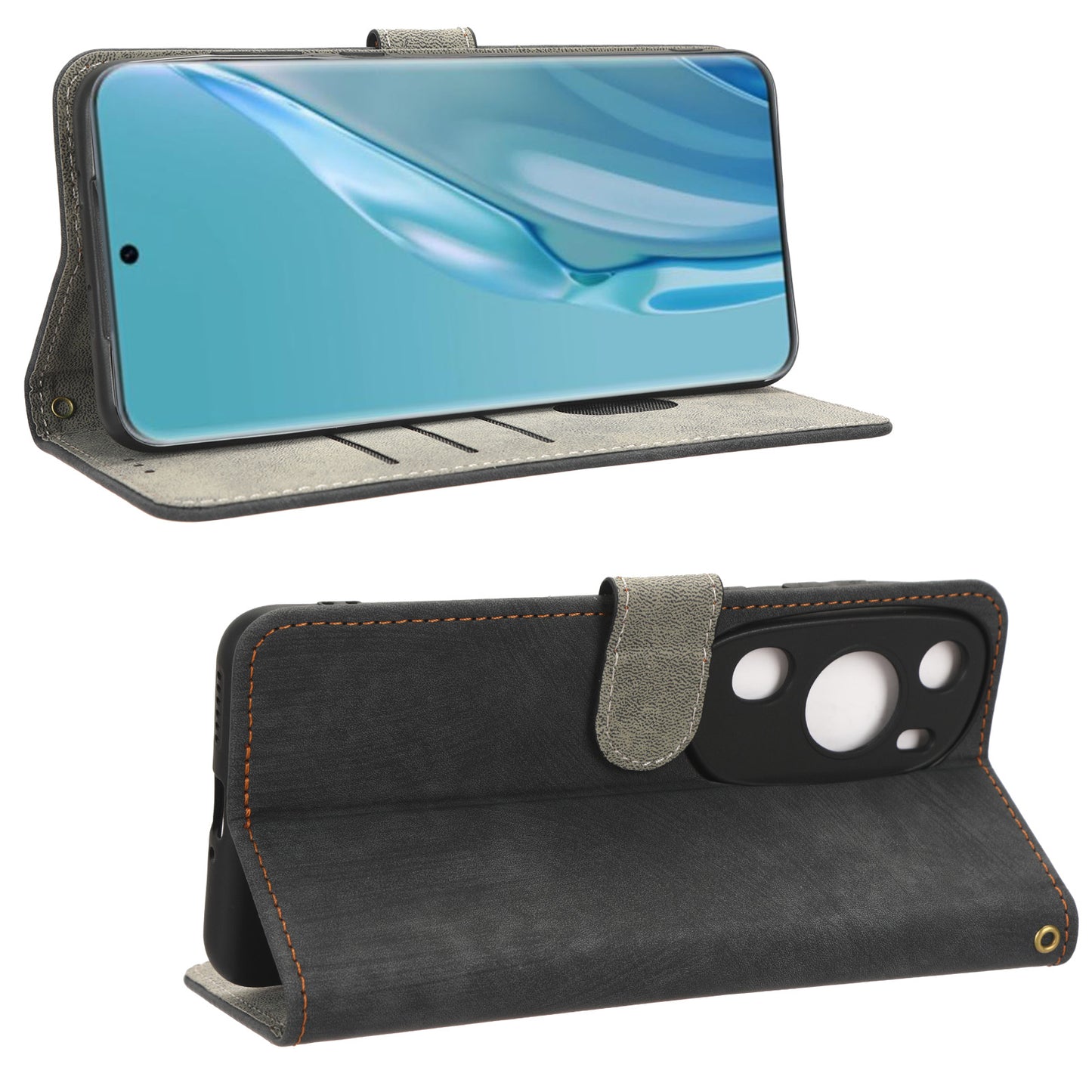 PU Leather Wallet Cover for Huawei P60 Art , RFID Blocking Phone Stand Case with Strap