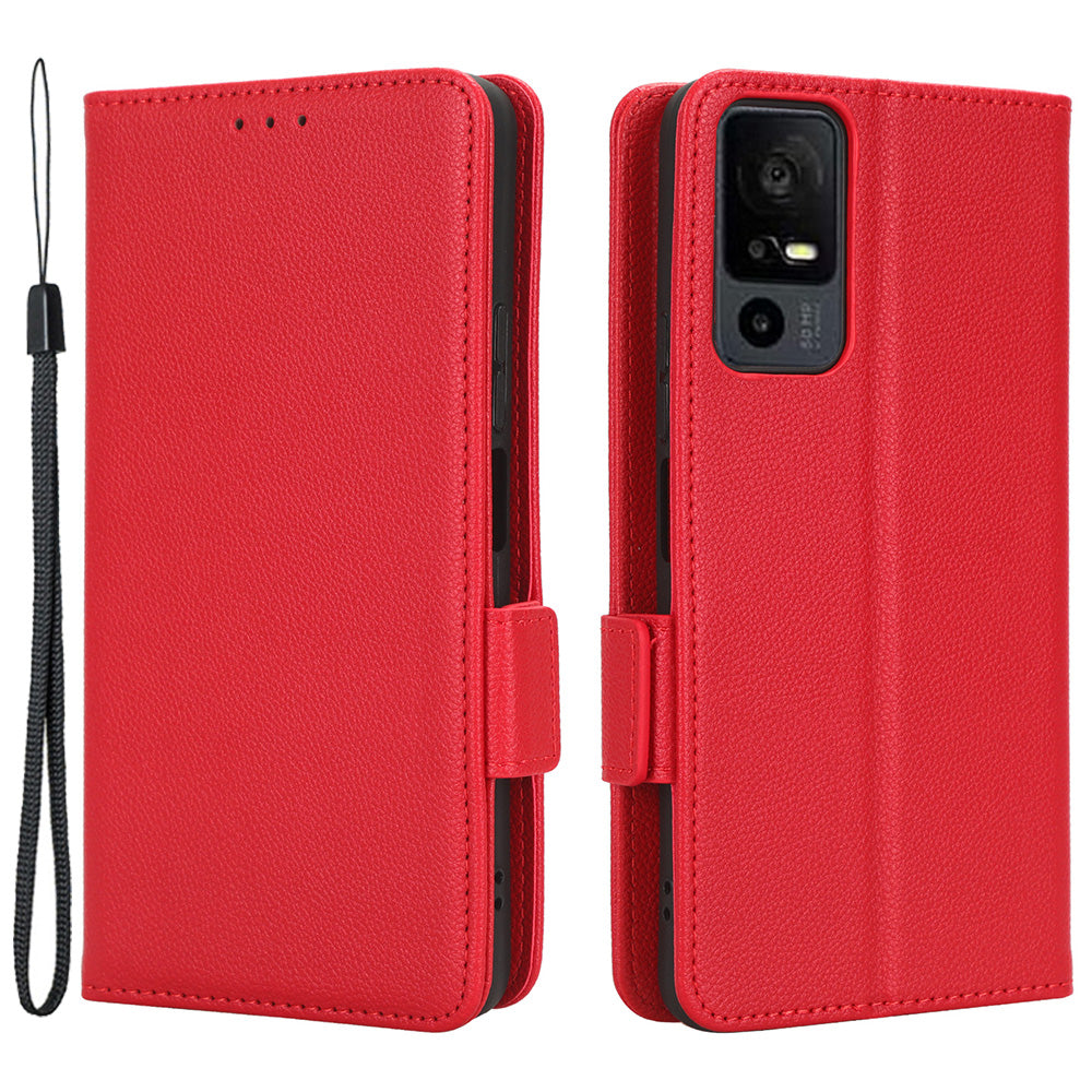 For TCL 40 XE / 40 X / T601D Shockproof Wallet Case Litchi Texture PU Leather Phone Cover with Strap