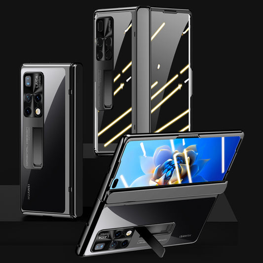 For Huawei Mate X2 4G / 5G Electroplating PC Phone Case Hinge Protection Kickstand Phone Cover with Tempered Glass Film