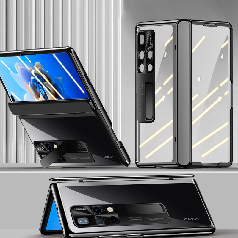 For Huawei Mate X2 4G / 5G Electroplating PC Phone Case Hinge Protection Kickstand Phone Cover with Tempered Glass Film