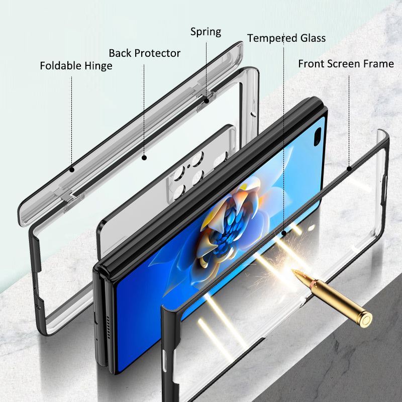 For Huawei Mate X2 4G / 5G Electroplating PC Phone Case Hinge Protection Kickstand Phone Cover with Tempered Glass Film