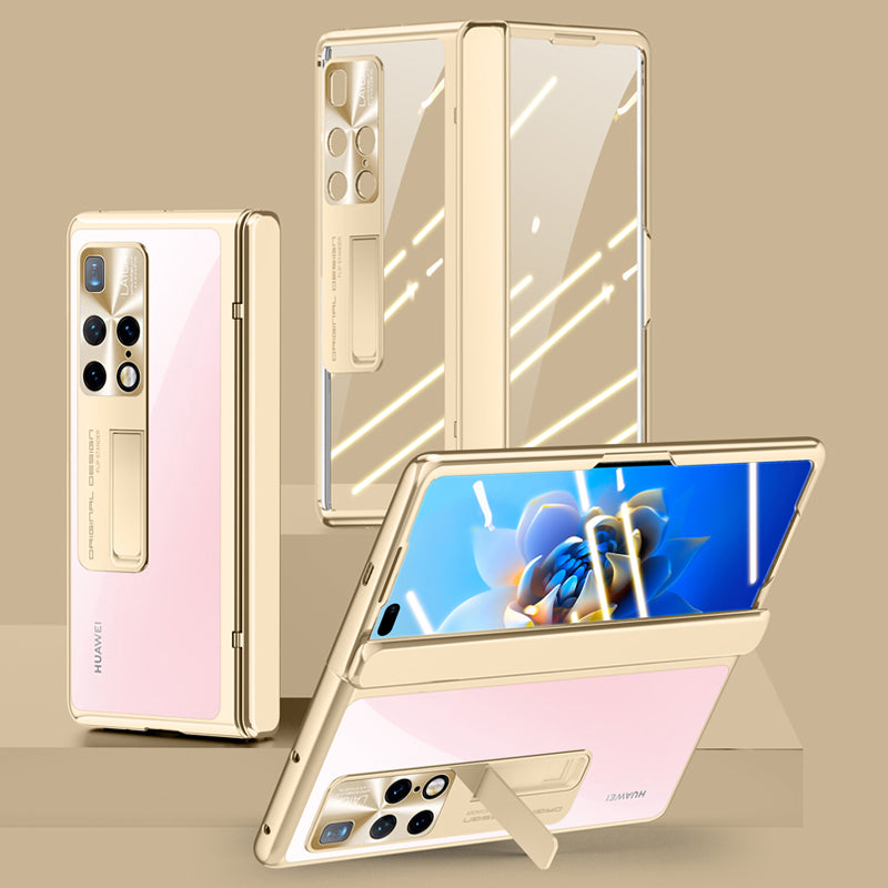For Huawei Mate X2 4G / 5G Electroplating PC Phone Case Hinge Protection Kickstand Phone Cover with Tempered Glass Film