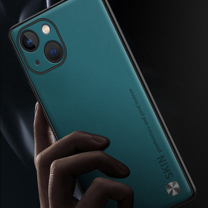 Phone Cover for iPhone 14 PU Leather Coated PC+TPU Shockproof Case with Metal Decor