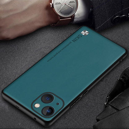 Phone Cover for iPhone 14 PU Leather Coated PC+TPU Shockproof Case with Metal Decor