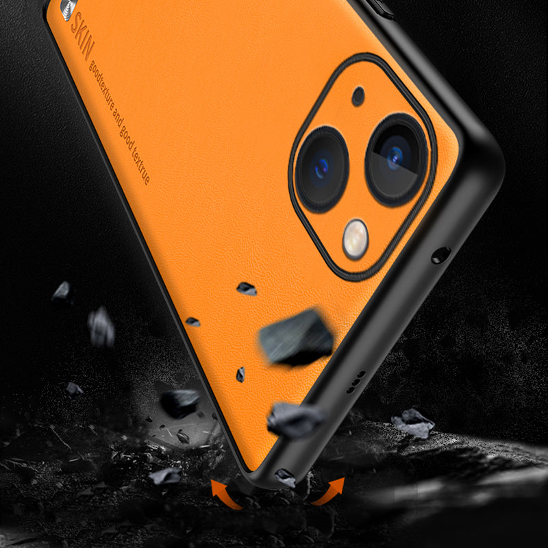 Phone Cover for iPhone 14 PU Leather Coated PC+TPU Shockproof Case with Metal Decor