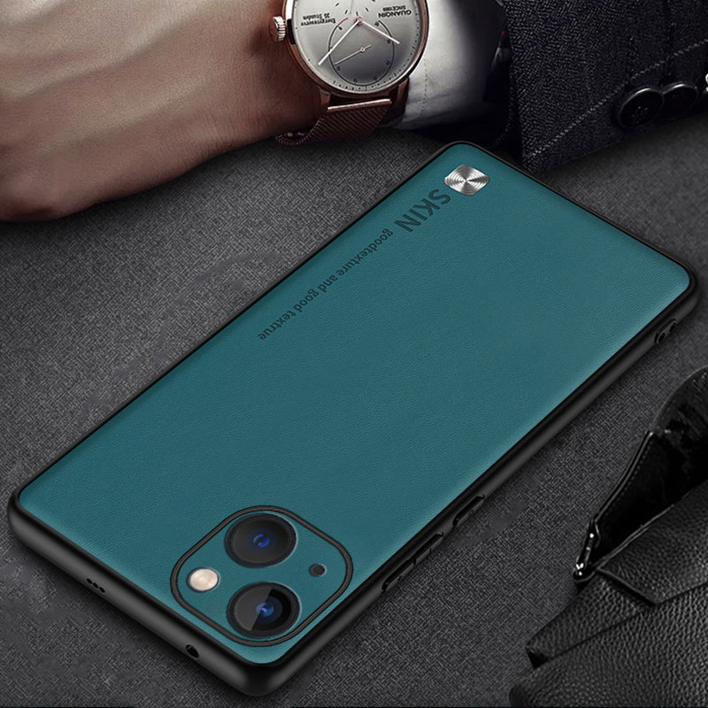 Phone Cover for iPhone 14 PU Leather Coated PC+TPU Shockproof Case with Metal Decor